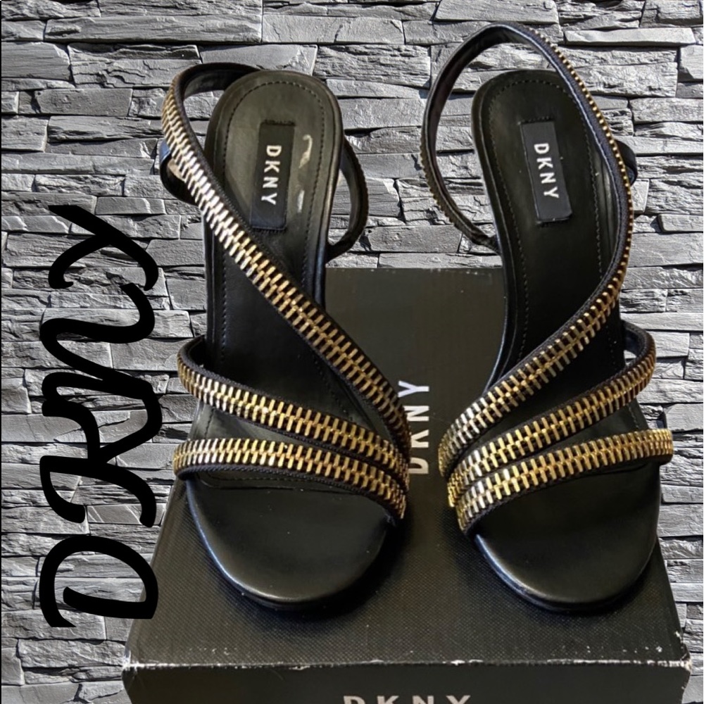 DKNY HEELS,Black Strappy Stilettos with Gold Zippers, Sz 7.5